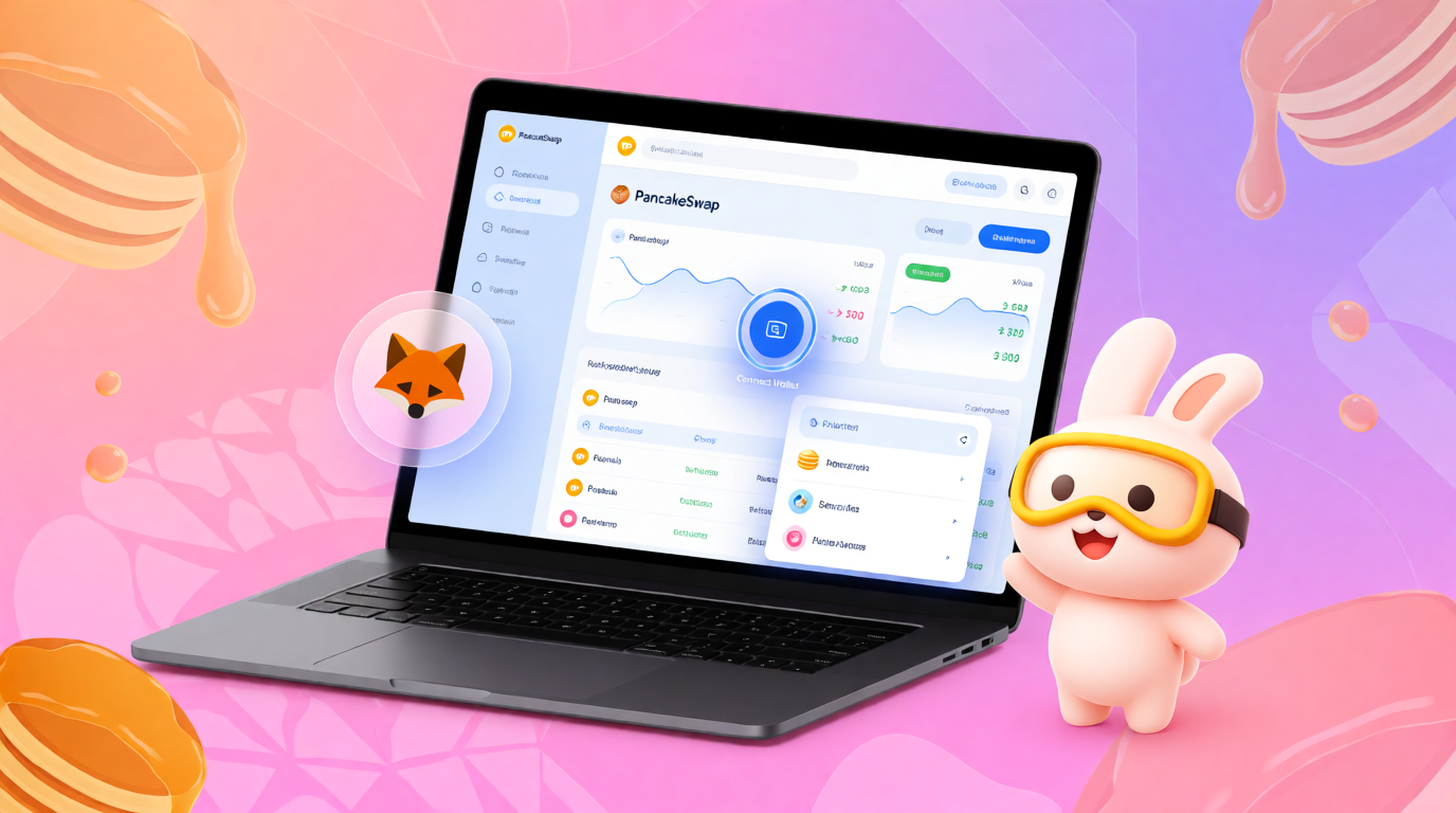 PancakeSwap website on a laptop screen with Connect Wallet button and MetaMask popup, featuring the PancakeSwap bunny mascot.