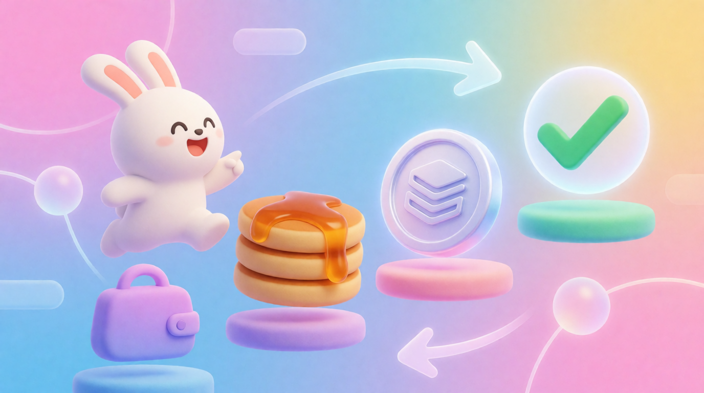 A cheerful bunny mascot from PancakeSwap guides a user along a path of pancakes and a CAKE token from a wallet to a confirmed swap, in bright blue, pink, and yellow.
