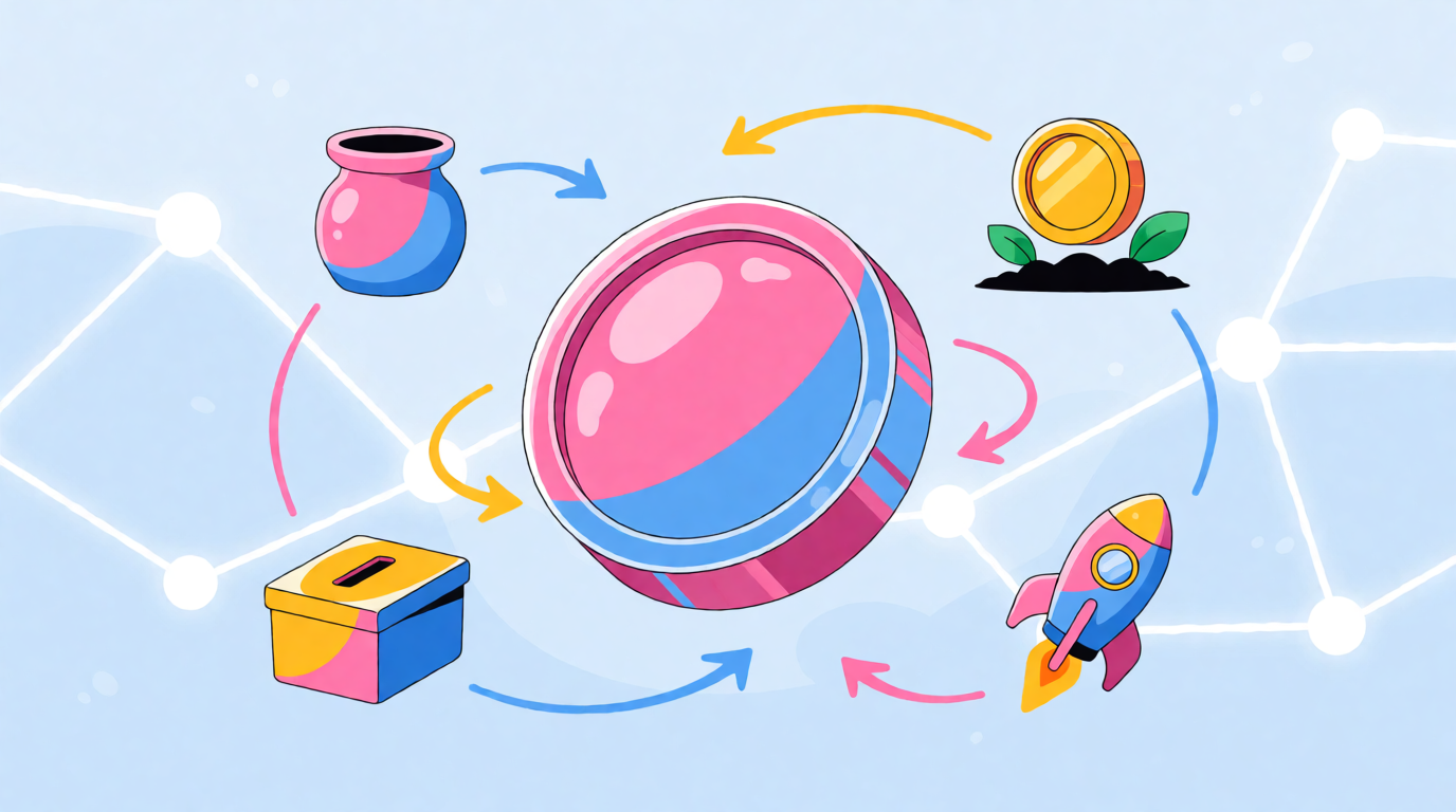 A PancakeSwap branded illustration of the CAKE token surrounded by four icons representing staking, yield farming, governance, and IFO launches, with arrows indicating token minting and burning.