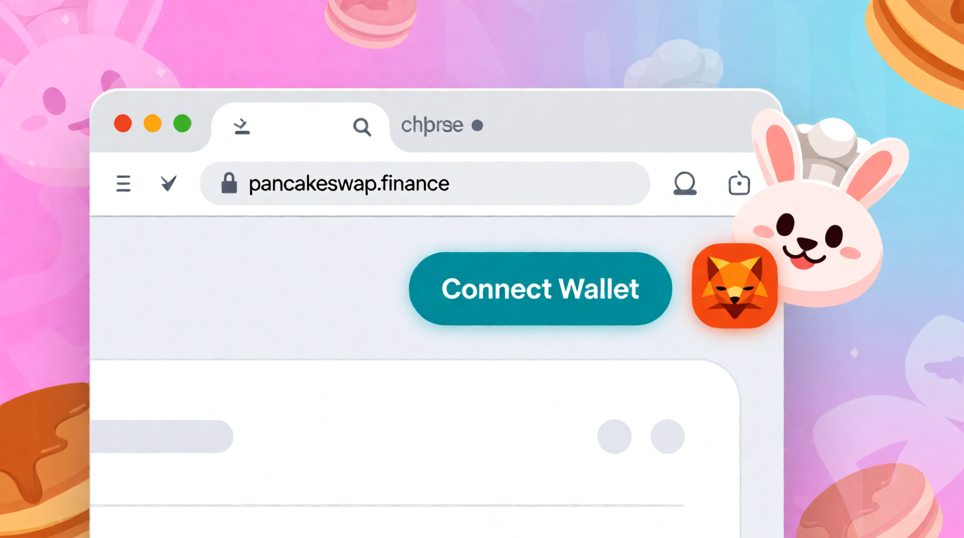 Illustration of Chrome browser showing PancakeSwap website with a padlock and wallet connection prompt, in PancakeSwap's brand colors with bunny mascot.