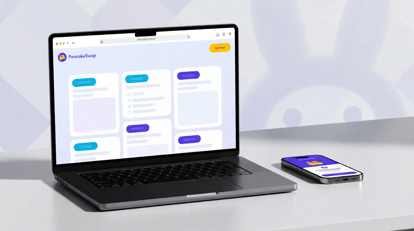 Illustration of a secure PancakeSwap login process on a computer and phone, with purple and yellow branding, a connect button, and security symbols like a padlock.
