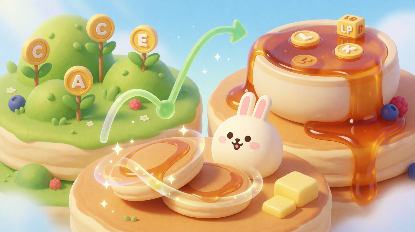 Illustration of PancakeSwap's bunny mascot among token swap, liquidity pool, and farm visuals, representing platform features.